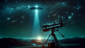 Vue nocturne en astrophotographie capturant un phénomène OVNI invisible à l'œil nu, visible seulement en infrarouge, à travers un télescope, avec un ciel étoilé et des montagnes en silhouette.