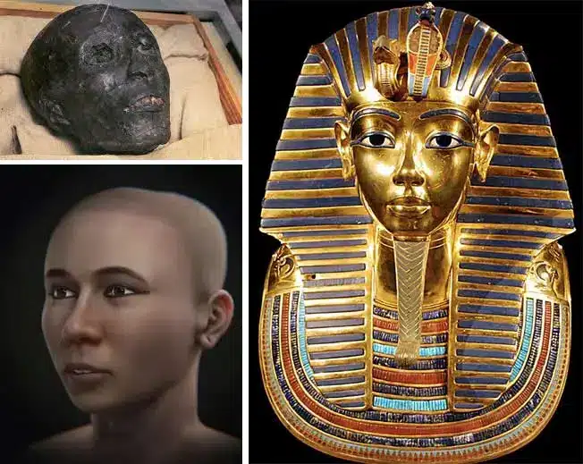 Montage photo de Toutankhamon montrant son visage reconstitué, son visage momifié et son masque funéraire doré.