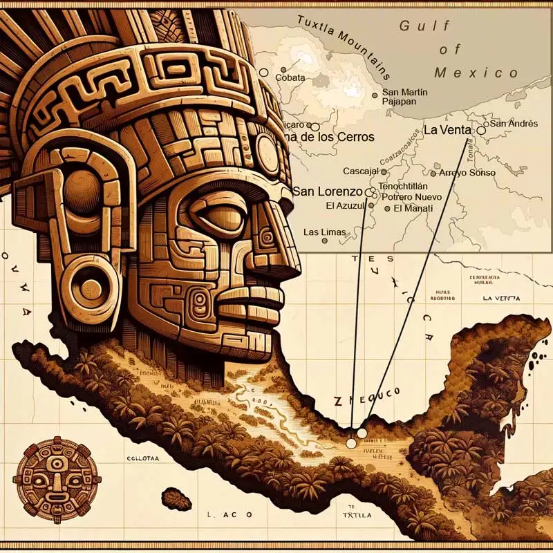 carte-secteur-olmeque Carte stylisée des sites olmèques de San Lorenzo et La Venta dans la province de Veracruz, Mexique, avec des éléments artistiques historiques.