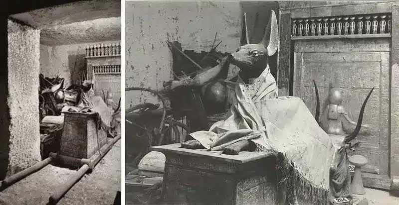 Découverte de la statue d'Anubis dans l'antichambre du tombeau de Toutankhamon.