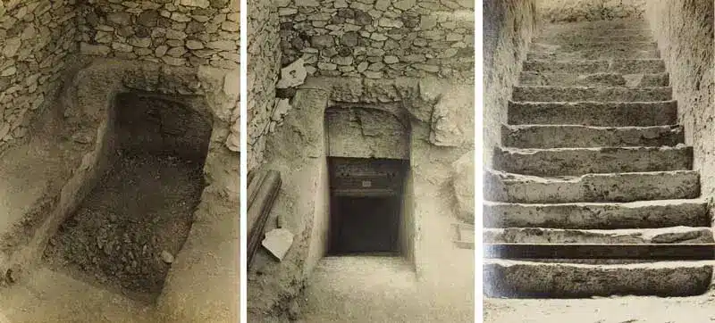 Série de trois images montrant les étapes progressives du désensablement des marches lors de la découverte du tombeau de Toutankhamon.