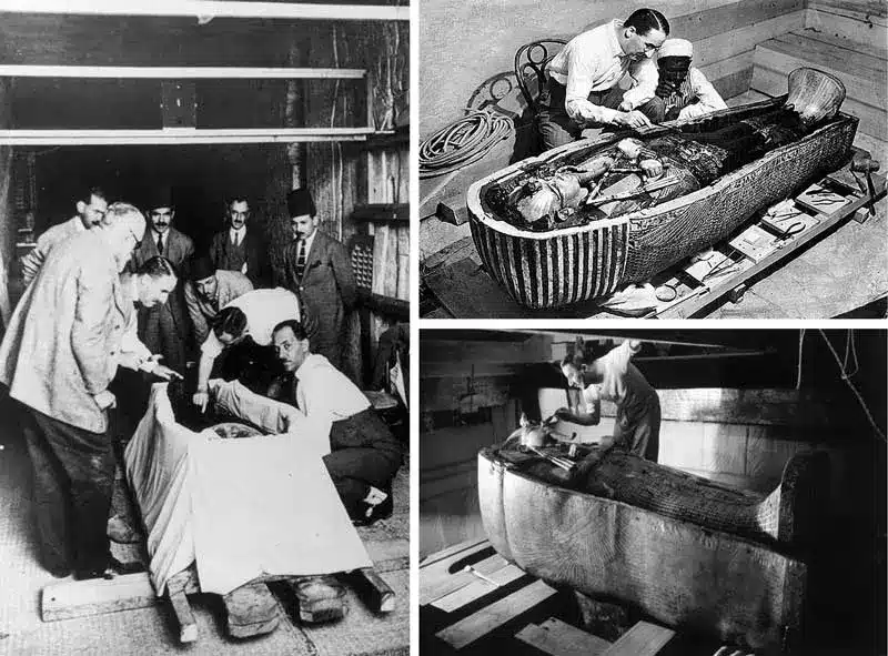 Montage de trois images montrant le déplacement du sarcophage, puis l'ouverture du deuxième sarcophage et enfin l'ouverture du dernier sarcophage de Toutankhamon