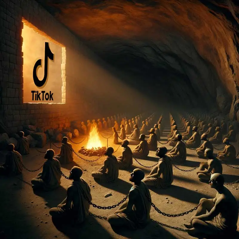 allegorie-caverne-platon Allégorie moderne de la caverne de Platon avec le logo TikTok symbolisant l'influence des médias sociaux.