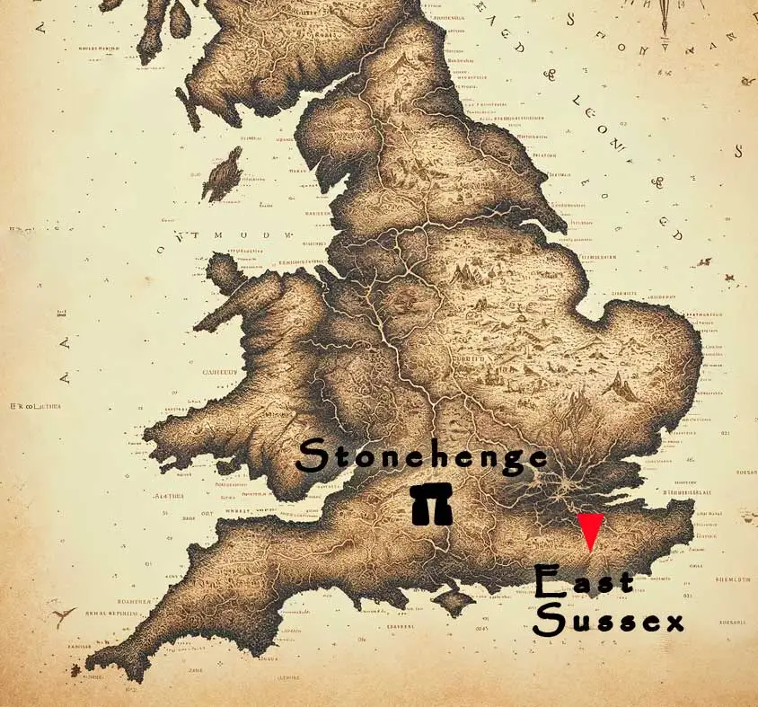 carte-stonehenge-east-sussex carte de l'Angleterre avec les sites de Stonehenge et de East Sussex
