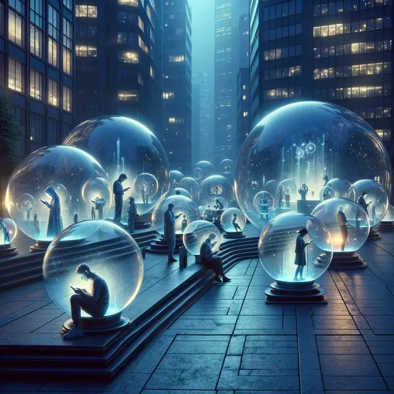 consequences-tiktok Personnes isolées dans des bulles transparentes en milieu urbain la nuit, symbolisant l'isolement social.