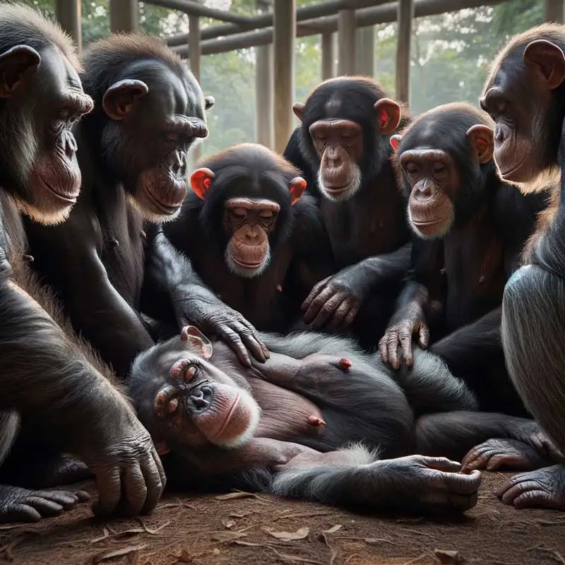 deuil-chimpanze Groupe de chimpanzés en deuil entourant une vieille femelle nommée Pansy, montrant des gestes de soutien et d'affection.